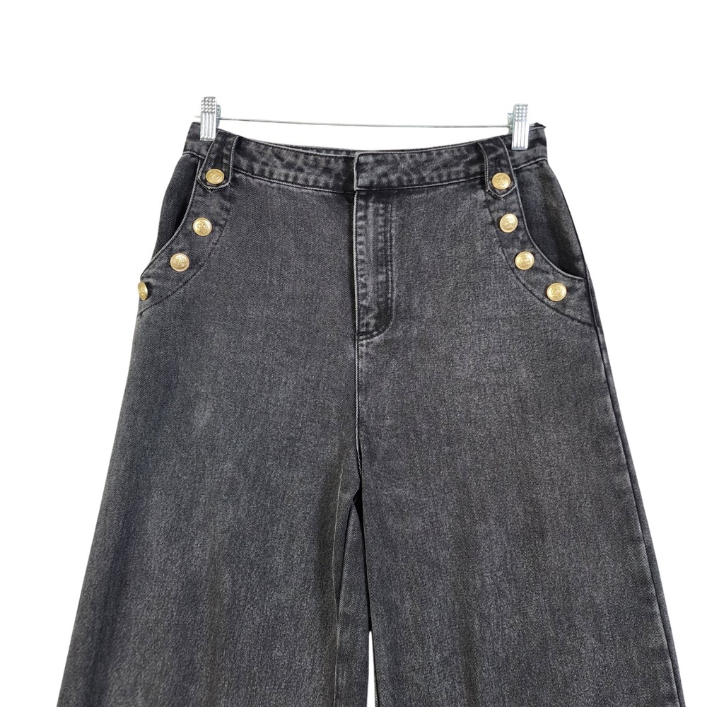 Vestique Womens Wide Leg Sailor Jeans Large Washed Black Gold Buttons High Rise - Picture 3 of 15